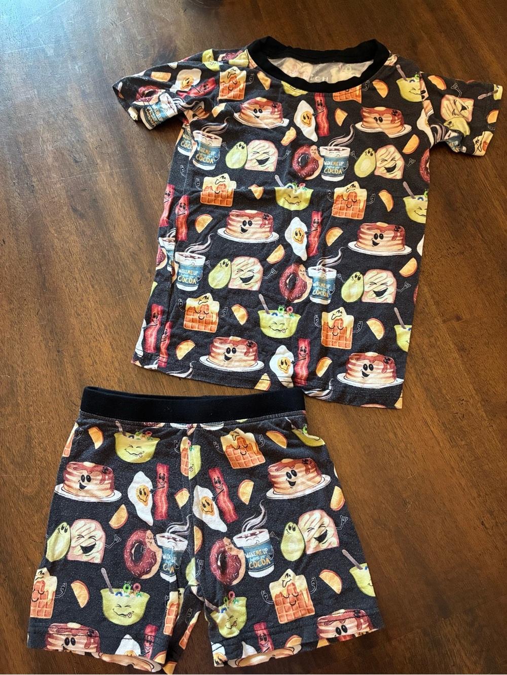 Fletch Brand Pajamas Set 18-24 Months Kids Boys Breakfast Black Shorts Bamboo